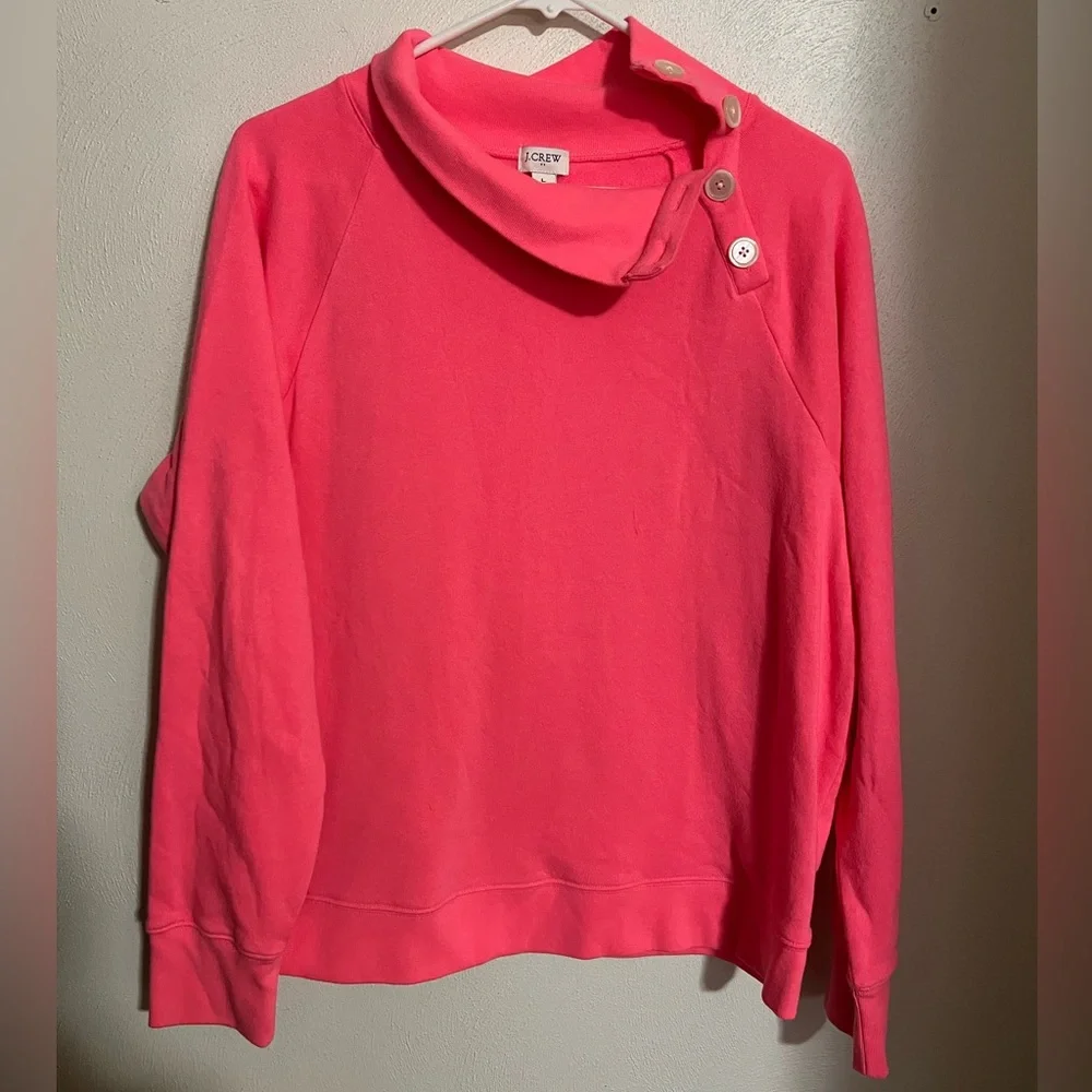 J. CREW Classic Wide Button Mock Neck Fleece Sweatshirt Neon Pink Women's Size L